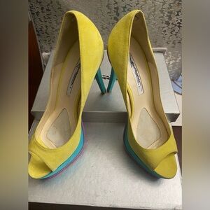 Vibrant Yellow and Blue Peep Toe Heels